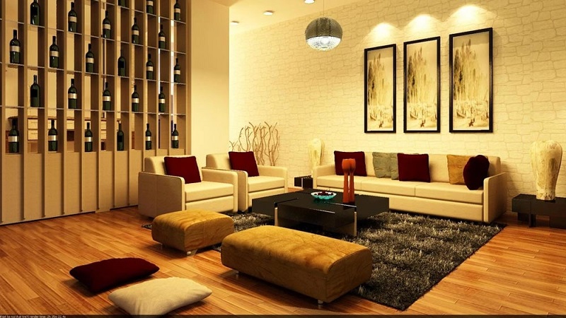 Phối màu vàng nhạt và nâu gỗ cho phòng khách để tạo không gian sống chuẩn phong thủy.